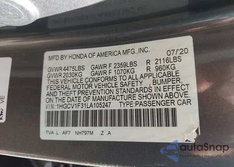 2020 Honda Accord Sport из США, поврежденный, VIN 1HGCV1F31LA105247